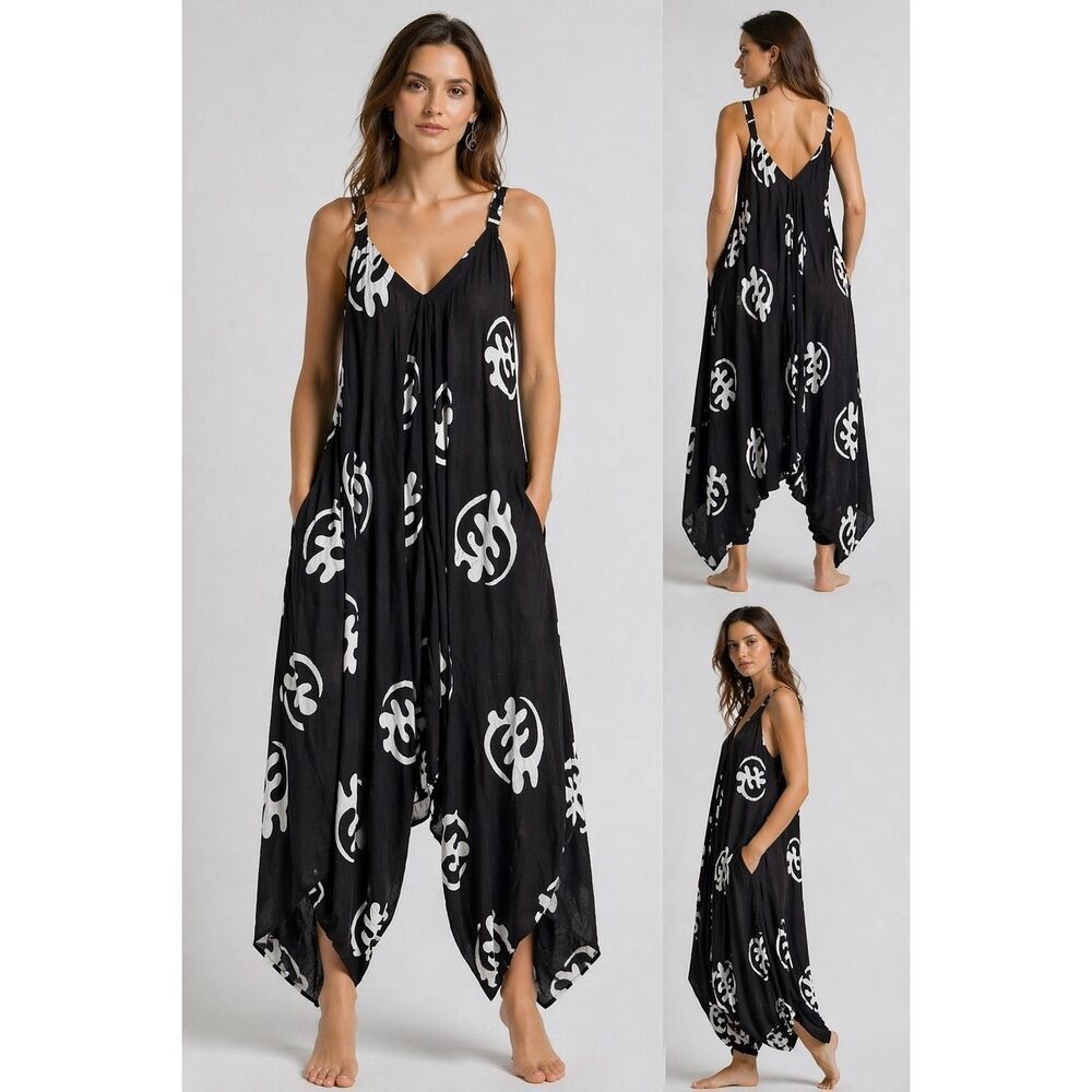 ADVANCE Black White Printed Jumpsuit OS Fits Most Loose Harem Boho Oversized